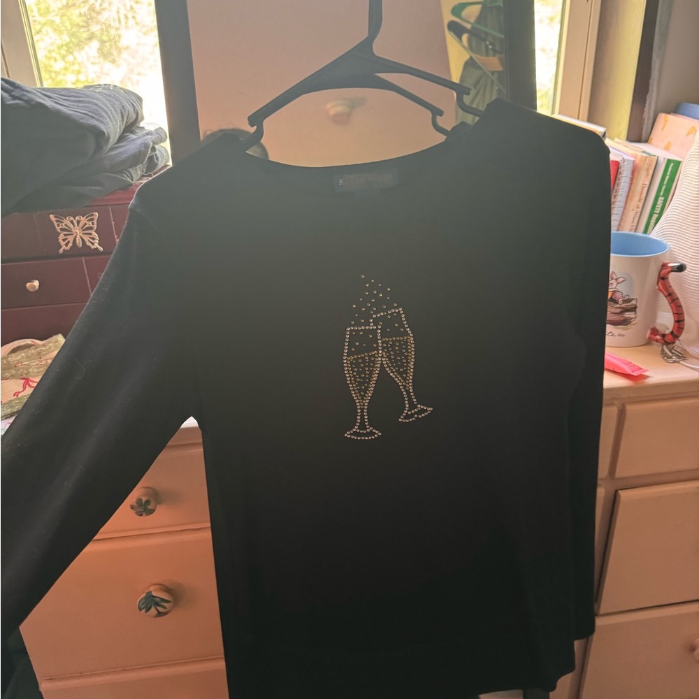 Karen Scott Black Sweater with Champagne Glass Design